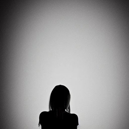 B/W A silhouette of girl between the age of 21-24 afraid white background