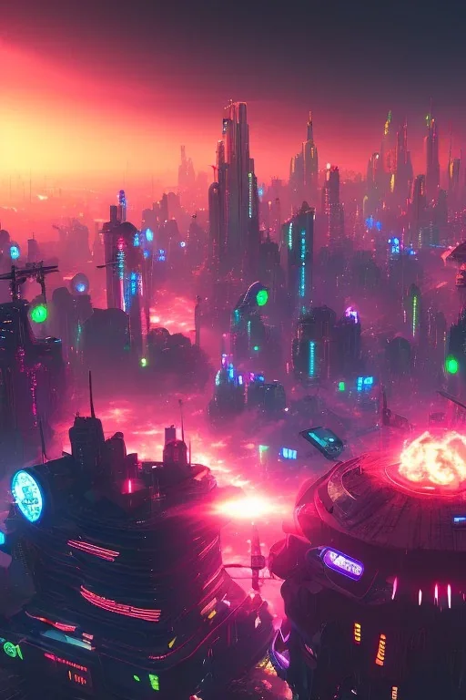 energy beam from the sky destroys a cyberpunk city, sunset, ambience, eerie, 8k, wallpaper