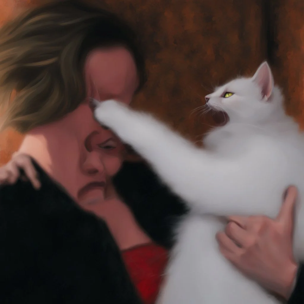 a crazy cat attacking a woman, Simon Stålenhag cartoon style