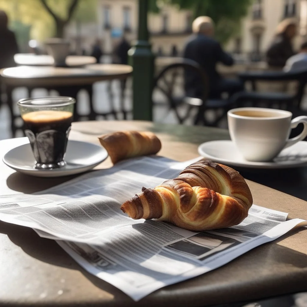 Espresso coffee croissant and newspaper on table outside the Italian restaurant