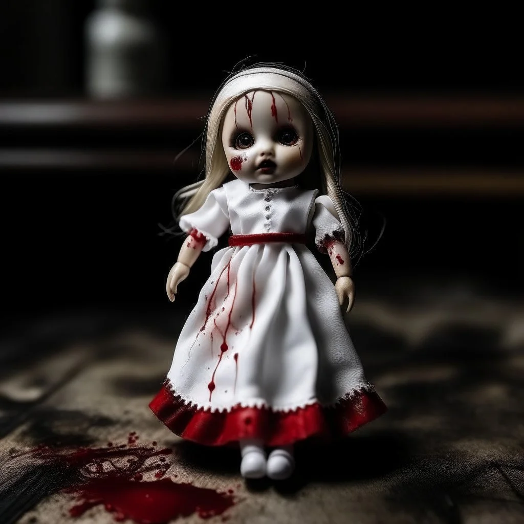 A girl's doll wearing a white dress with red blood bleeding from the back