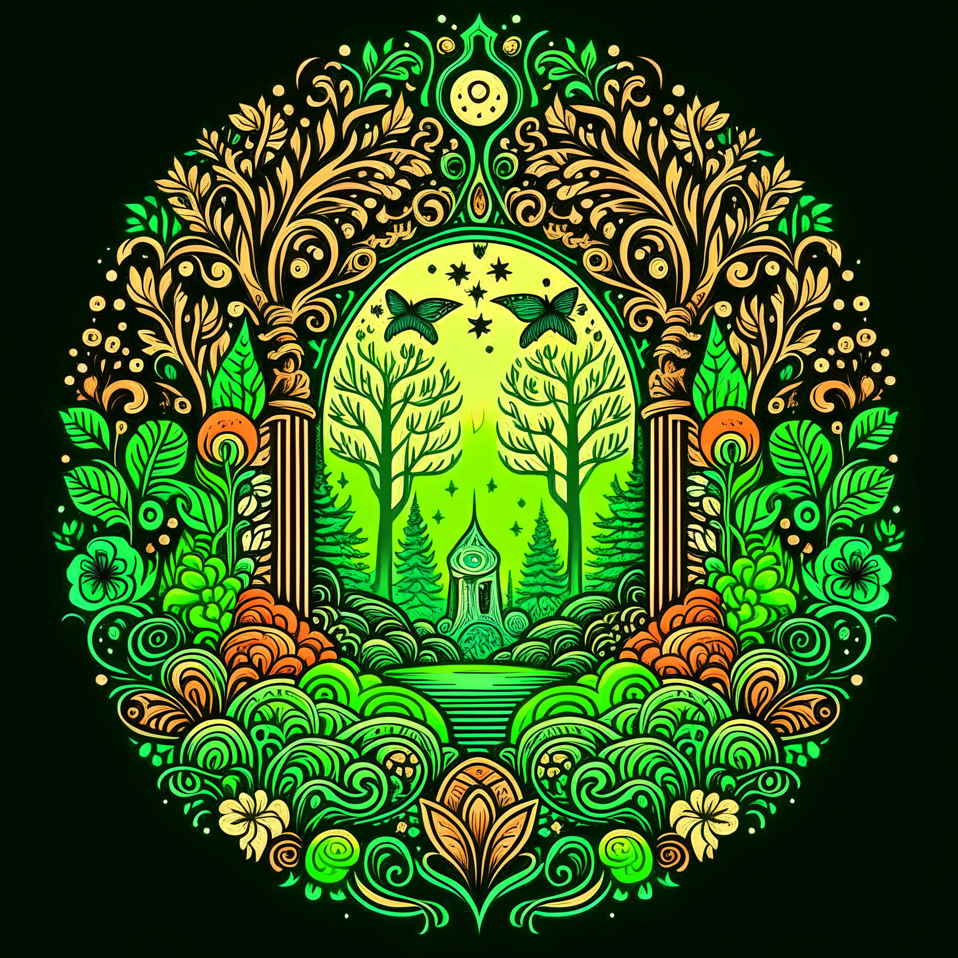/imagine prompt: Enchanted Forest::2 Art Nouveau, Monochromatic, Linework, Vibrancy, Whimsicality:: t-shirt vector, center composition graphic design, plain background::2 mockup::-2 -- upbeta --ar 1:1