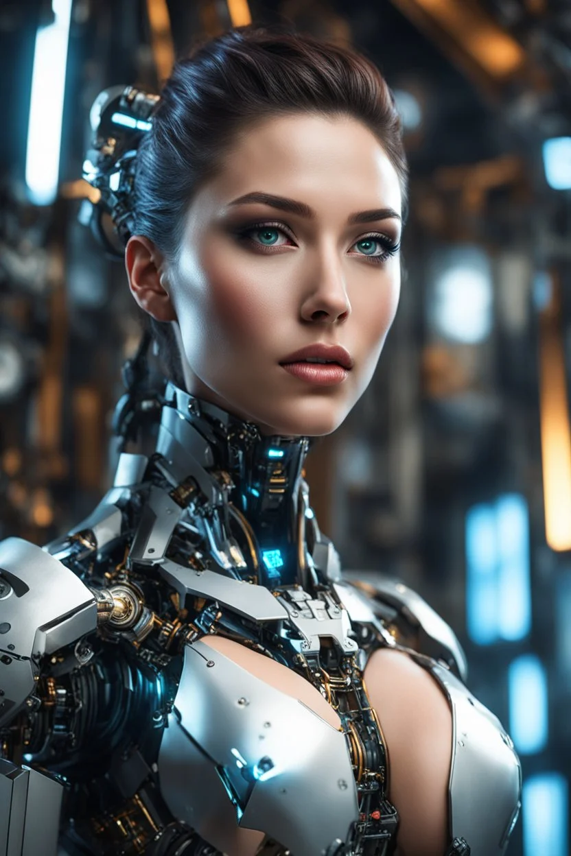 Fullbody Excellence Photography 4k masterpiece, incredible depth, cinematic dynamic lighting, sharp focus, high resolution, high quality, outstanding visual masterpiece, flawless rendering, fine detail, extremely realistic masterpiece a gorgeous beautiful robot woman with exposed machinery and circuitry, hanging out in a cyberpunk workshop, elegant machinery, glowing circuitry on skin)))), (((perfect face, proportionate face, beautiful features, unbelievable detai