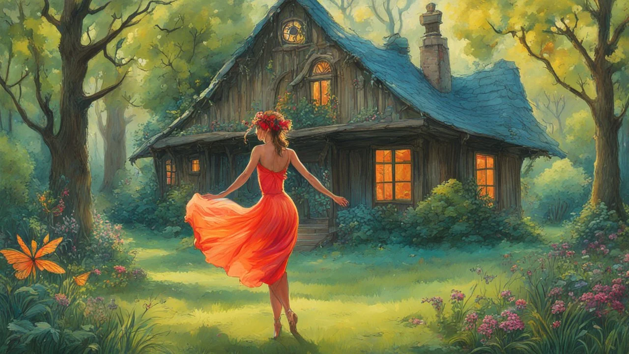 slim nymph dancing in a woodland clearing, with a woodland house behind her. vibrant colour