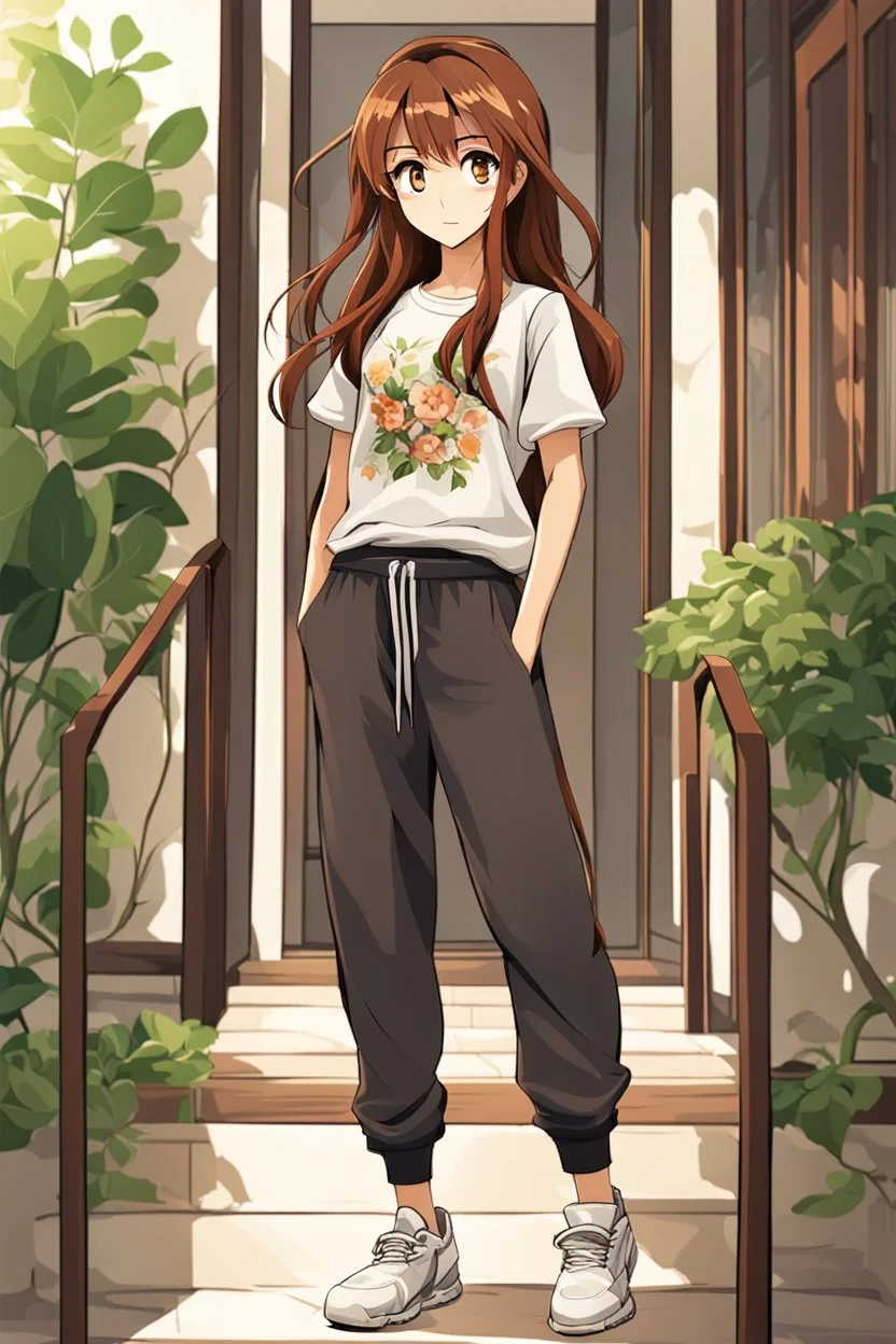 attractive anime woman with brown long hair, t-shirt and sweatpants, full body in frame,