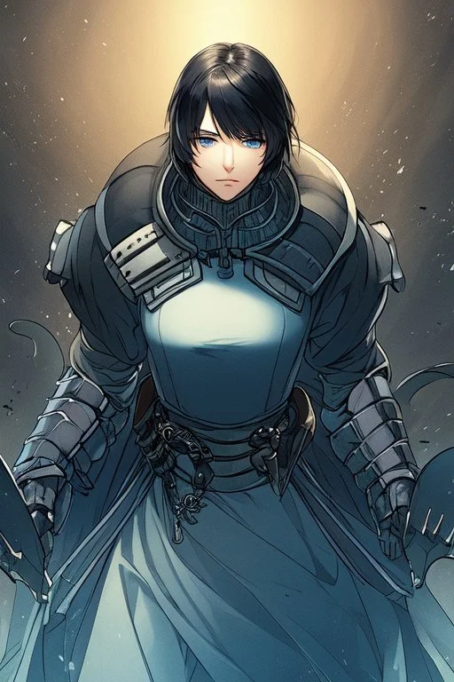 Motoko Kusanagi from Ghost In The Shell (1995), clad in medieval stell plate armour, melancholic, alone, big blue eyes, perfect, beautiful, black hair