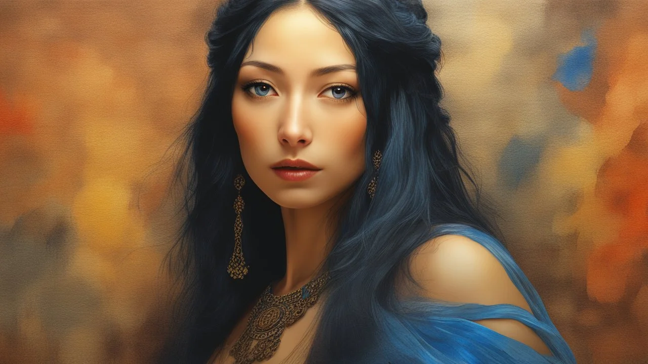 Lenore Nemoy, Long, straight, black hair, blue eyes - multicolored watercolor stained wall in the background, in the art style of Boris Vallejo, Frank Frazetta, Julie bell, Caravaggio, Rembrandt, Michelangelo, Picasso, Gilbert Stuart, Gerald Brom, Thomas Kinkade, Neal Adams - professional quality studio 8x10 UHD Digital photograph by Scott Kendall - paint splattered wall in the background, multicolored overhead spotlight, Photorealistic, rea