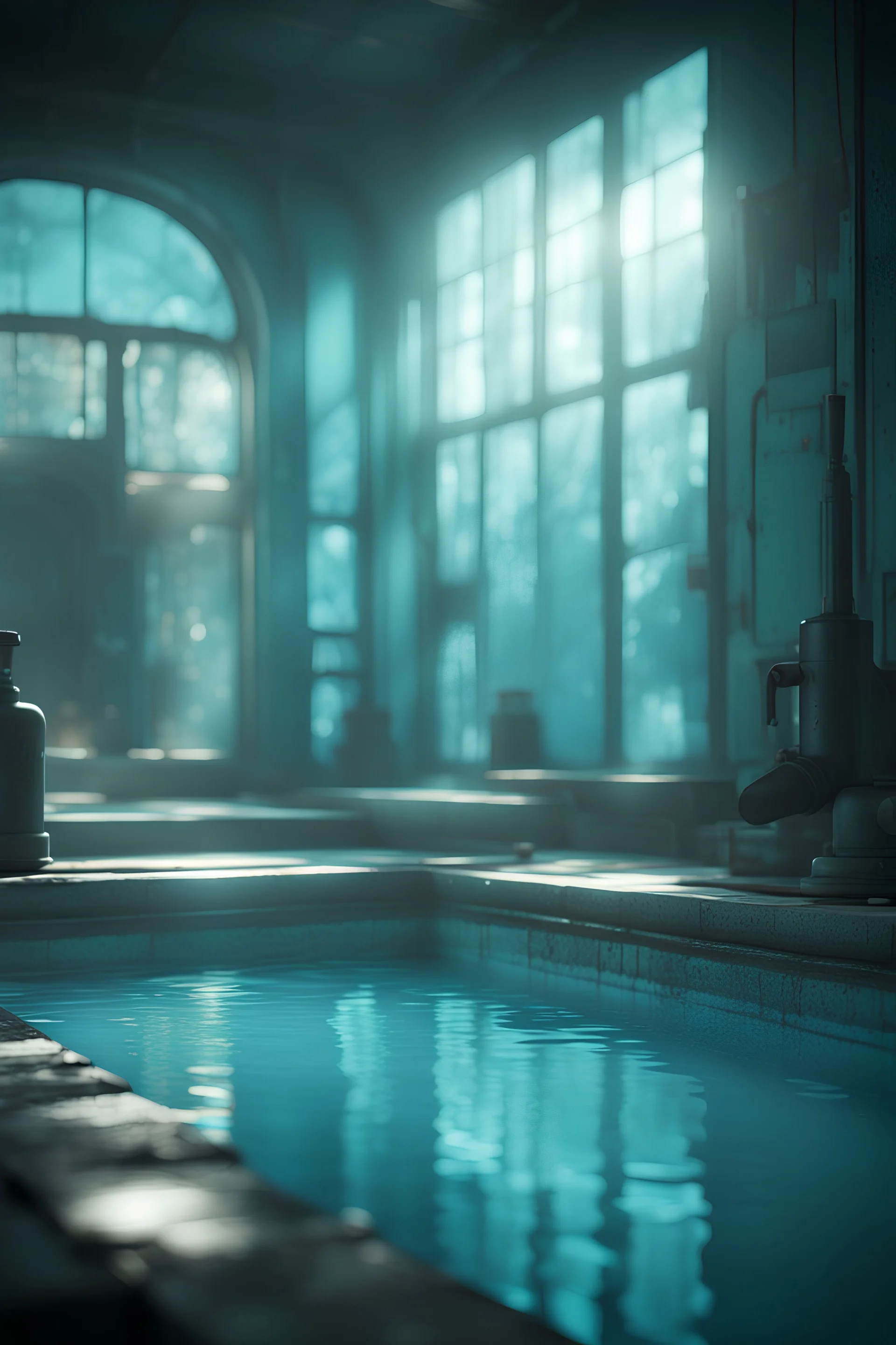 cyan pool in fallout 4 setting, bokeh, downlight, prize winning, depth of field, in the style of ivo caprino, backlight, aura