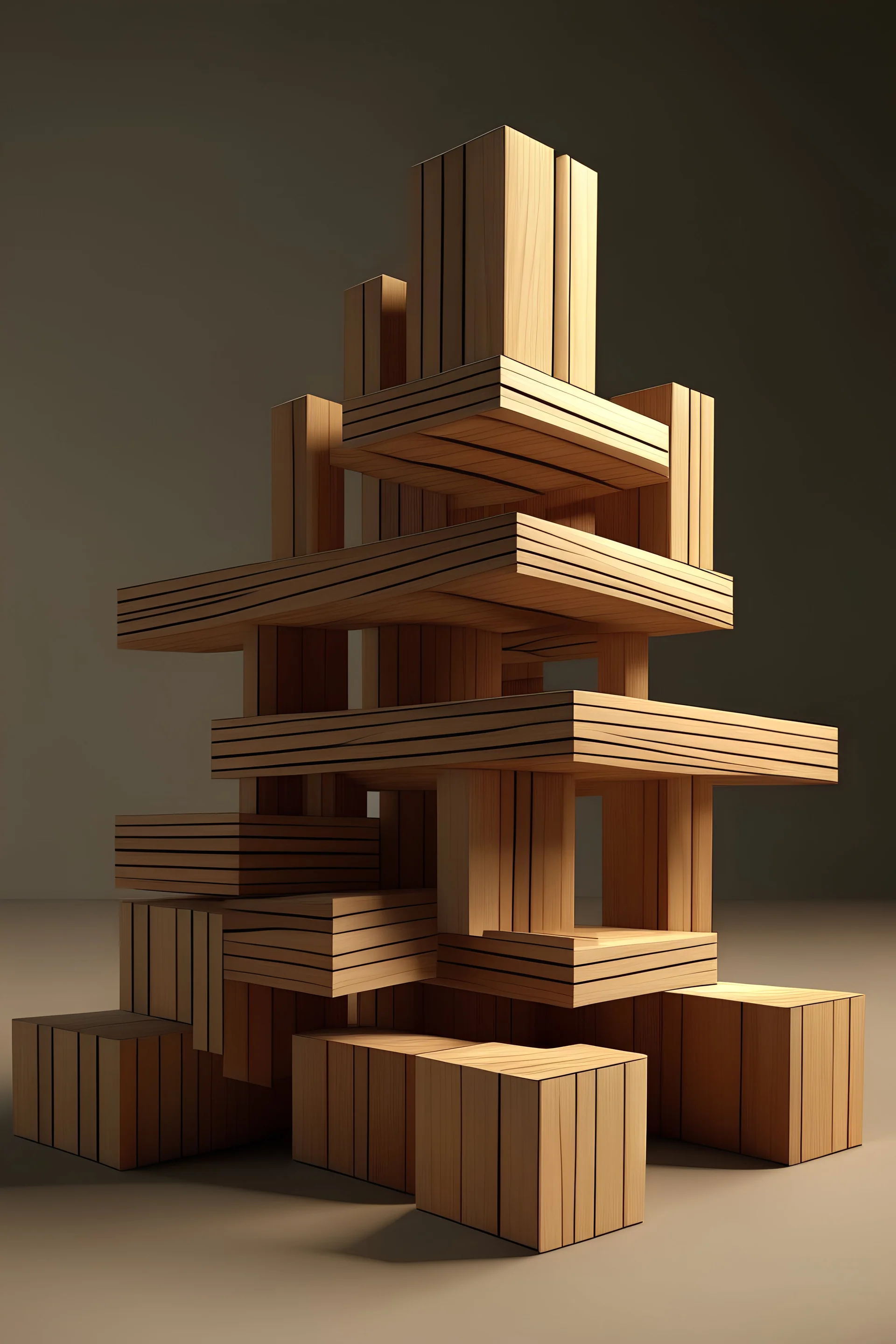 three animated timber pieces on top of each other