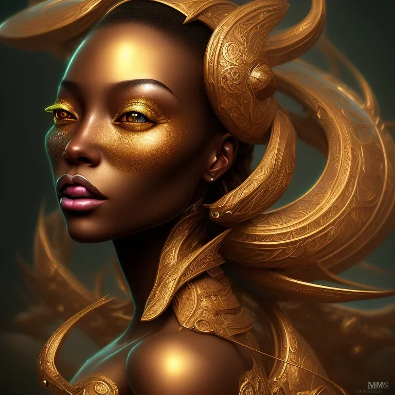 fantasy magic, intricate, sharp focus, illustration, highly detailed, digital painting, concept art, matte, masterpiece head sexy front view black African beauty space lady golden carp skin one head African space night