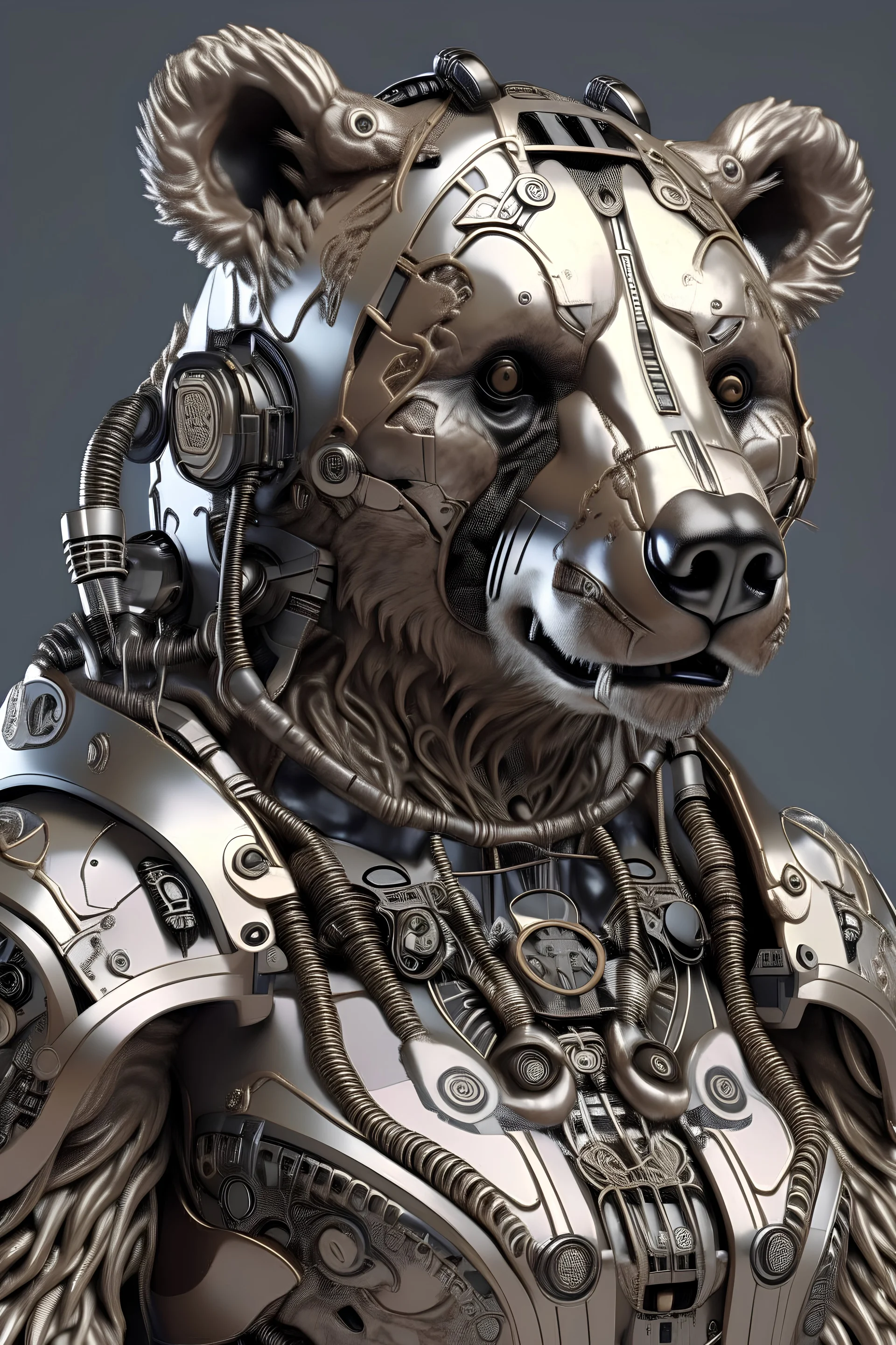 3D Portrait of a realistic cyborg bear in natural colour wearing armor in realism