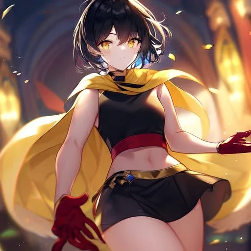 Clear focus,High resolution, Black short fluffy hair, and yellow eyes, wearing a black short skirt, sleeveless crop top, wearing long dark red gloves, yellow cloak, Holding hand out