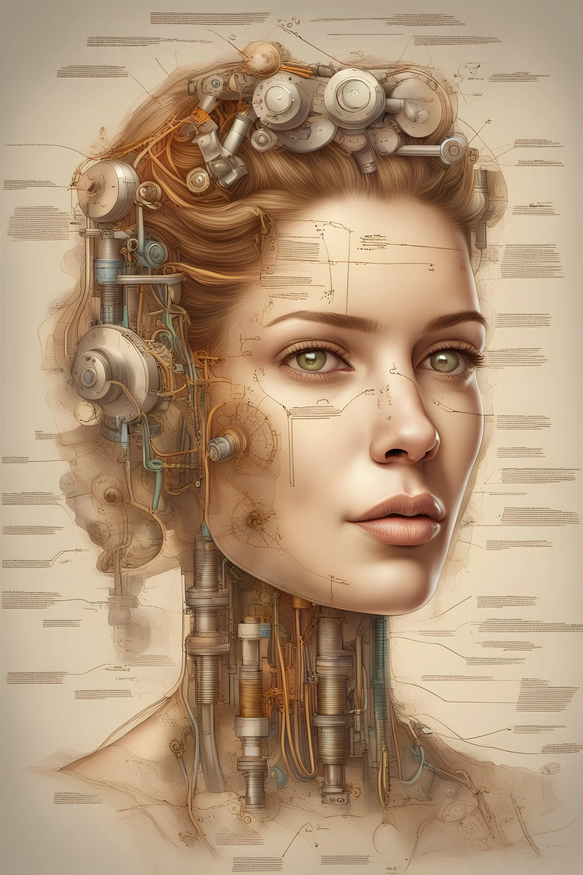 A realistic complex colorful illustration of an bio mechanic woman face portrait, composed of various components such as valves, springs, bolts, and circuits with some drawings, diagrams and notes explaining how it works in Leonardo codex background, concept art