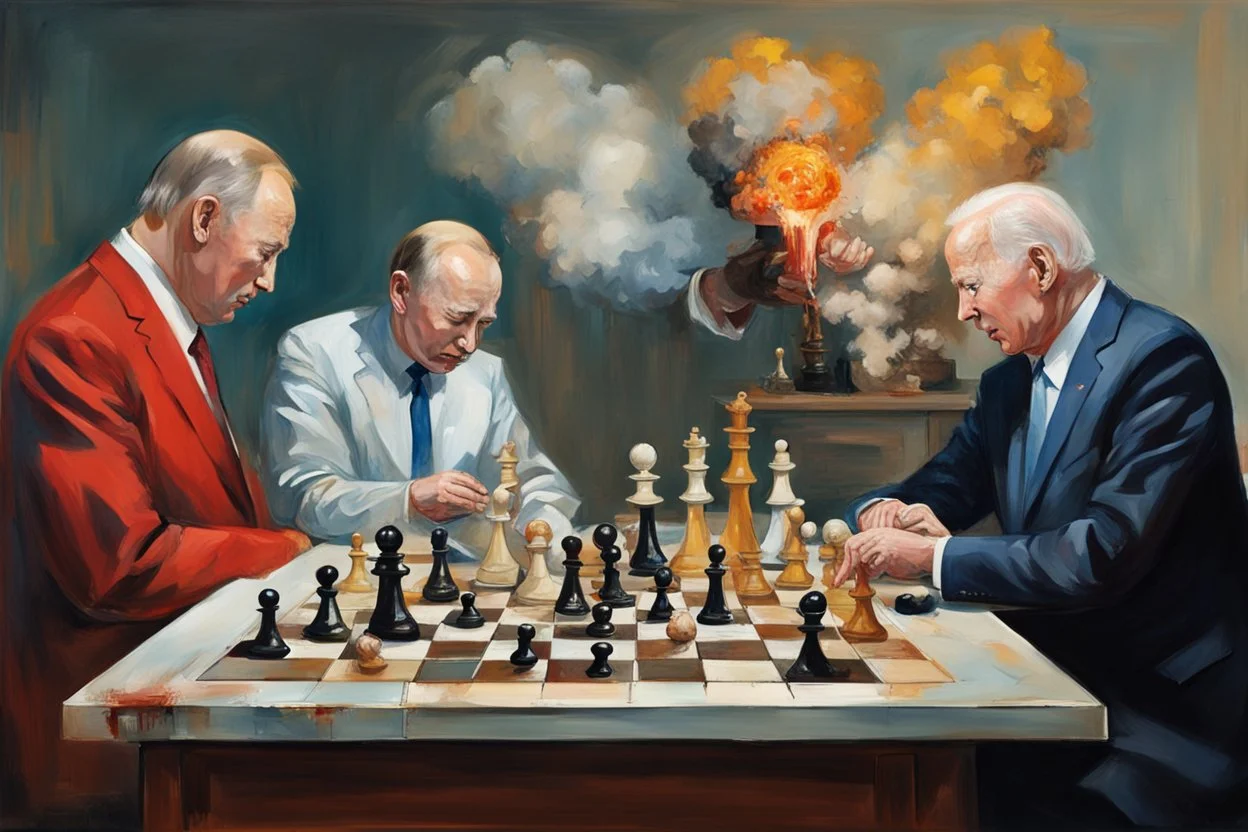 Putin, President Xi Of China And Joe Biden Play Chess With Atomic Bomb Mushroom Cloud,Complex Surgical Instruments Intermixed With A Newborn Boy,Minimalism,Painting By Adrian Ghenie,Rene Magritte,Pablo Picasso,Michelangelo,Salvador Dali,Lucian Freud