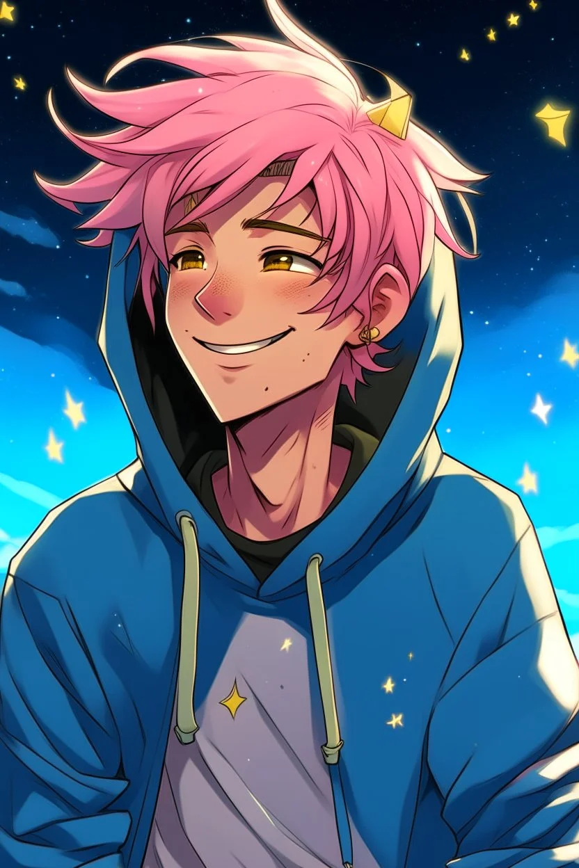 An androgynous young man with tousled pink hair and golden eyes floating among the stars wearing a light blue hoodie and black board shorts. He is smiling softly and holding a star in one hand.