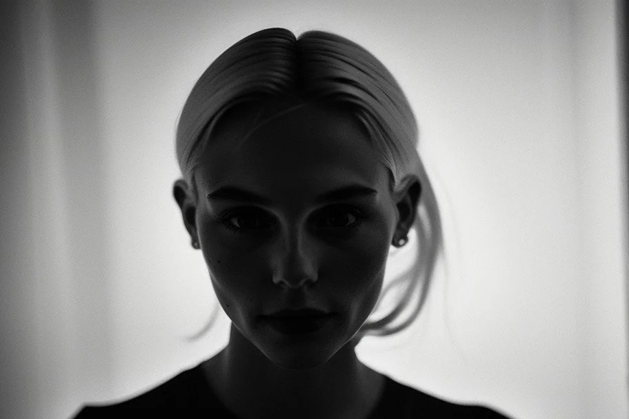 Mujer rubia de espaldas, retrato primer plano., iluminada desde el rostro hacia la cámara, Imagen en blanco y negro vaporoso, al estilo de la foto del fotógrafo Hugo Alonso.
