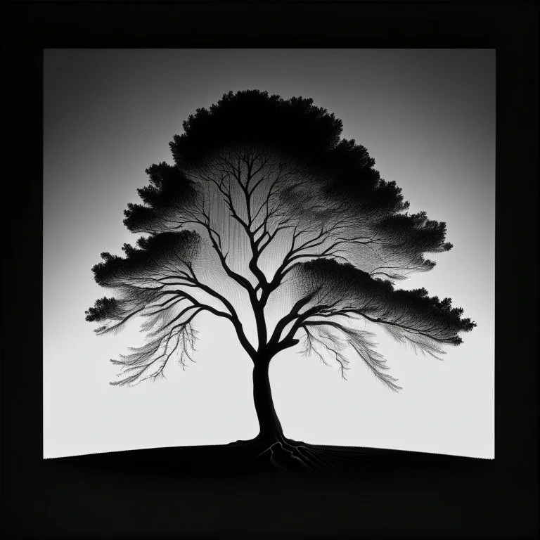 minimalista, Árbol de roble estilizado en negro y gris oscuro, líneas suaves y elegantes.