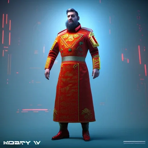 Soviet man, pattern dress, velvet, vibrant color, cyberpunk style, highly detailed, art stations, concept art, smooth, unreal engine 5, god rays, ray tracing, RTX, lumen lighting, ultra detail, volumetric lighting, 3d, finely drawn, high definition, high resolution, gradient background