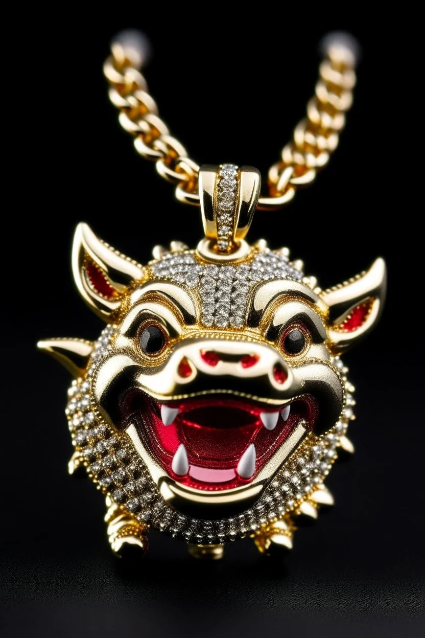 A gold chain with an iced out pumbaa sitting pendant, eyes should be rubies and fangs in gold