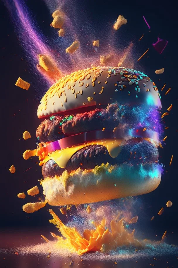 a single coloured burger exploding into dust, extremely detailed dust particle details, natural colours, meticulously intricate perfectly symmetrical extremely detailed, pixiv daily ranking, pixiv, extreme depth of field, artstation, sculpture style, spectacular details, volumetric lighting, masterpiece, cinematic, Hollywood production, 8k resolution, high definition, max octane render, vivid colors, max resolution, unreal engine , max perfectionism, realistic composition, professional photograp