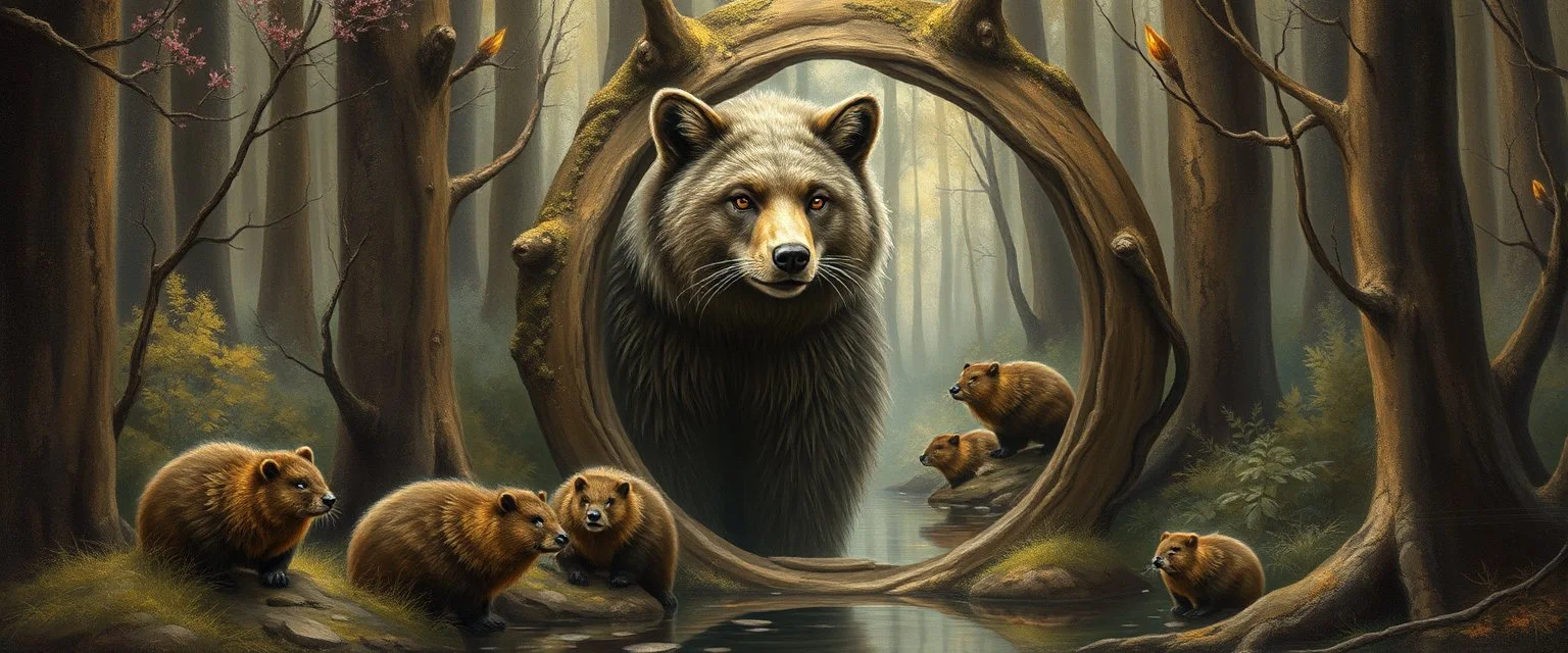 in the magical mirror forest we get a strange portrait and you enter the strangest bubble doorway to weird dimension and the aura of its heavenly fluffy elevated messed up woodland lynx bear beaver creatures flock painted by Nerdrum and Rembrandt