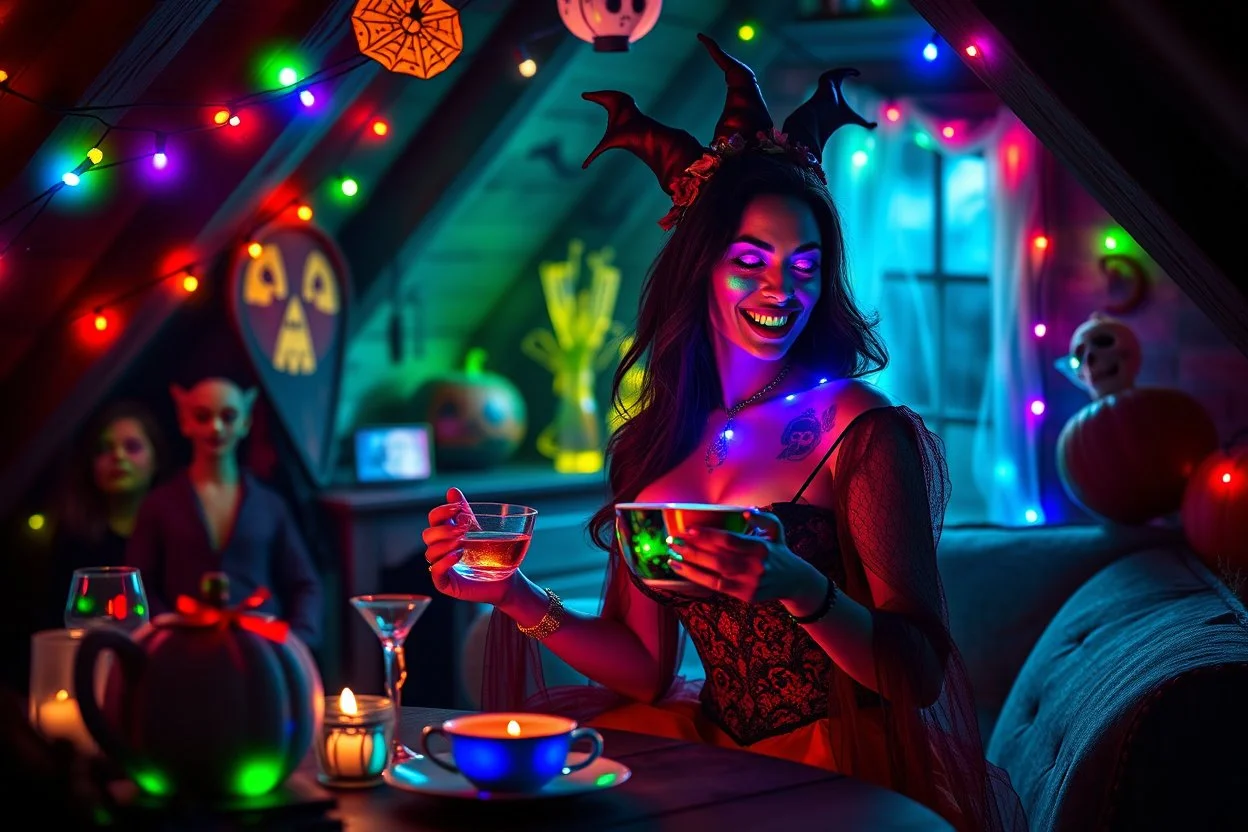 Glowing voluptuous Halloween vampire woman having a tea party in the haunted house attic. Colorful string lights and festive decorations create a spooky magical atmosphere