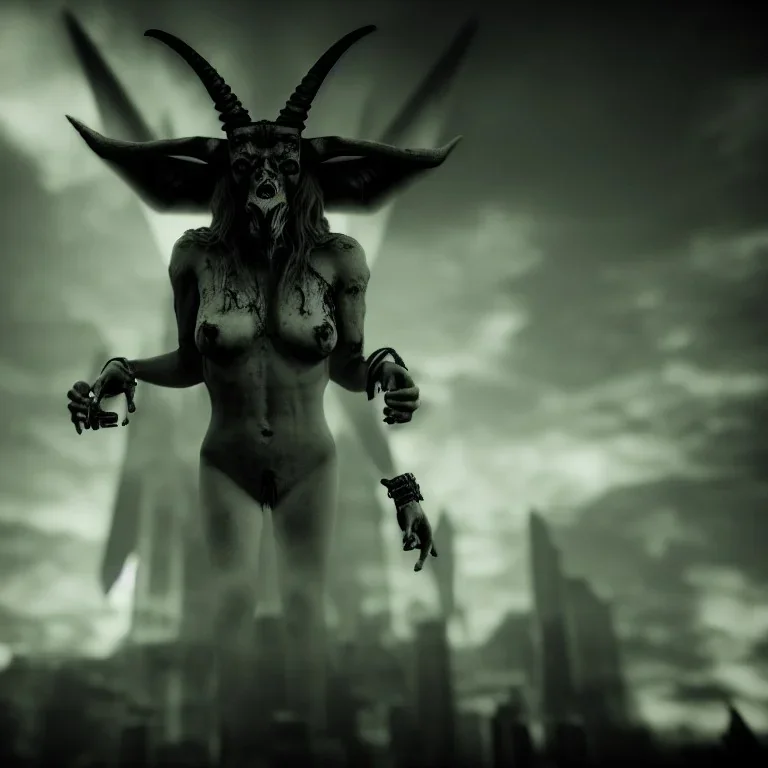 A portrait post-apocalypse of Baphomet ,pyramid,sin city,sci-fi fantasy style, volumetric lighting, particales,highly detailed,cinamatic,8k,3D,fire and black deep colours,ignore NSFW , realistic, sharp,