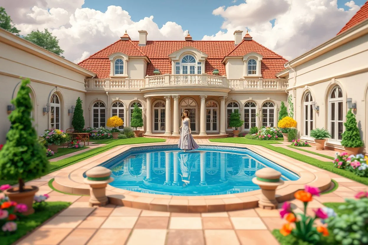 a luxury villa yard with pool in center and pretty plants trees flowers, pretty clouds,a pretty model lady in victorian clothing walking in villa yard around pool .every thing and lady is made of small colored cubes as a puzzle