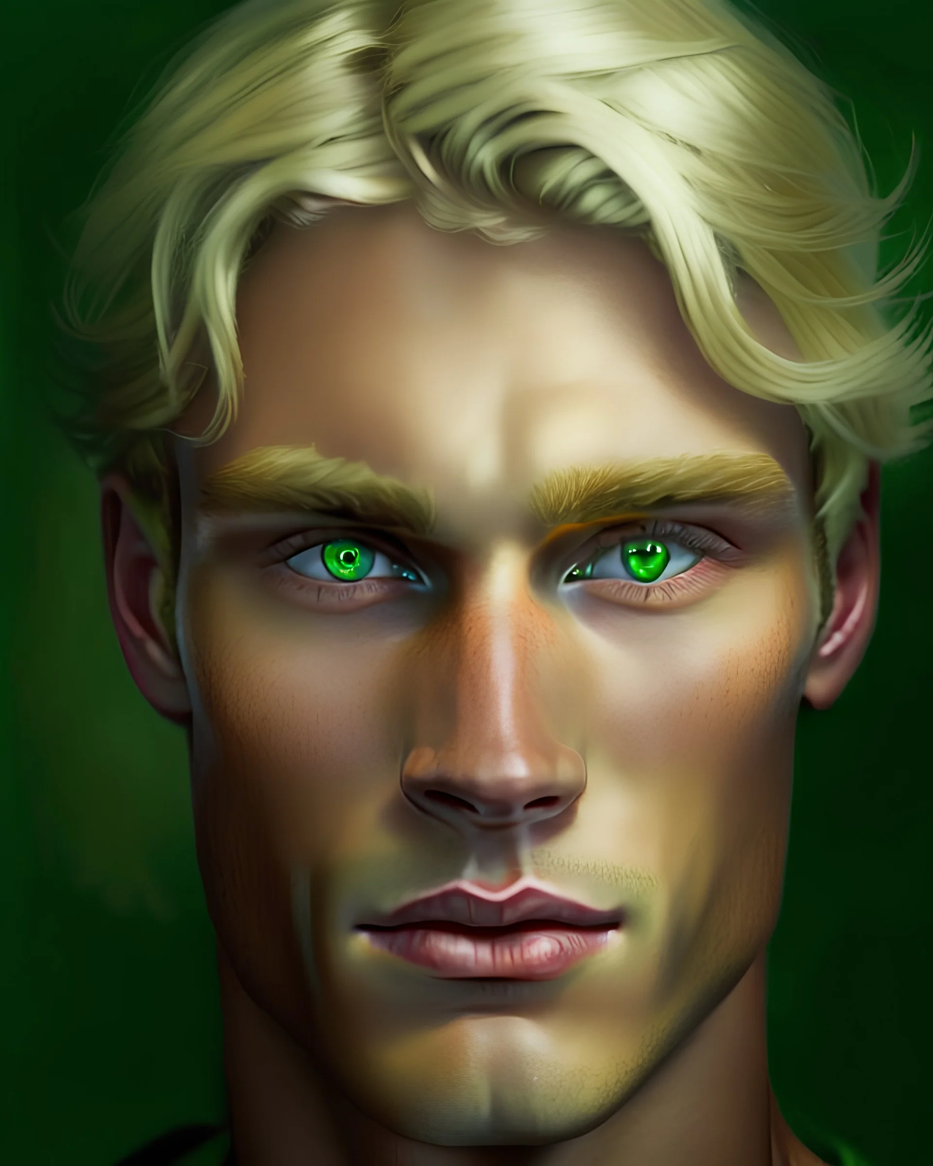 Retrato de un hombre de cabello rubio de aspecto oscuro, piel calida, ojos verdes