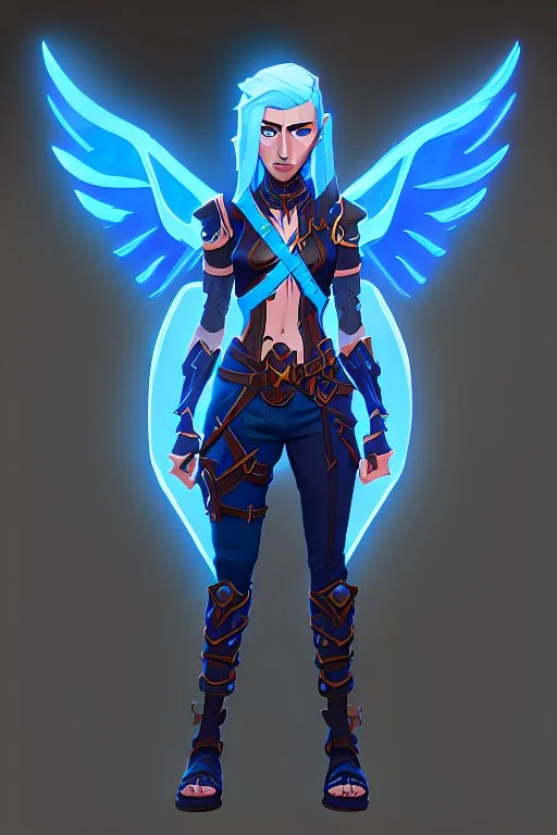 a person in runic armor with blue wings, blue short hair, runic tattoo and spell book