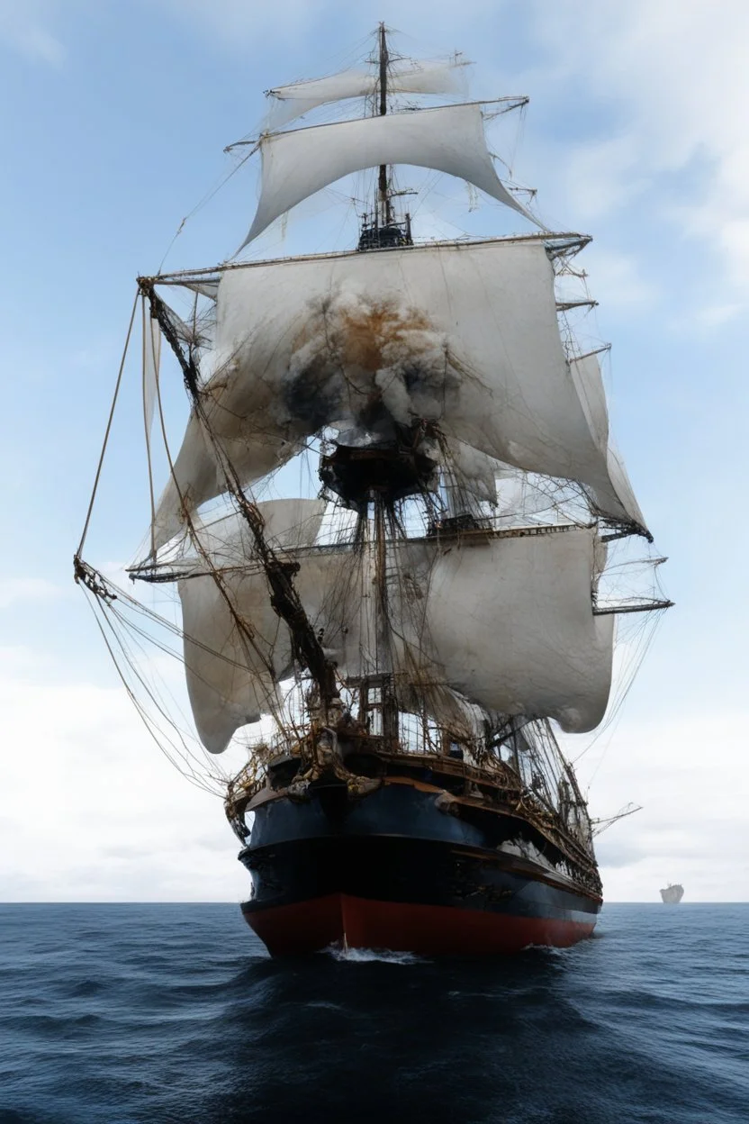 front view of a ship with a spider figurehead in stormy weather