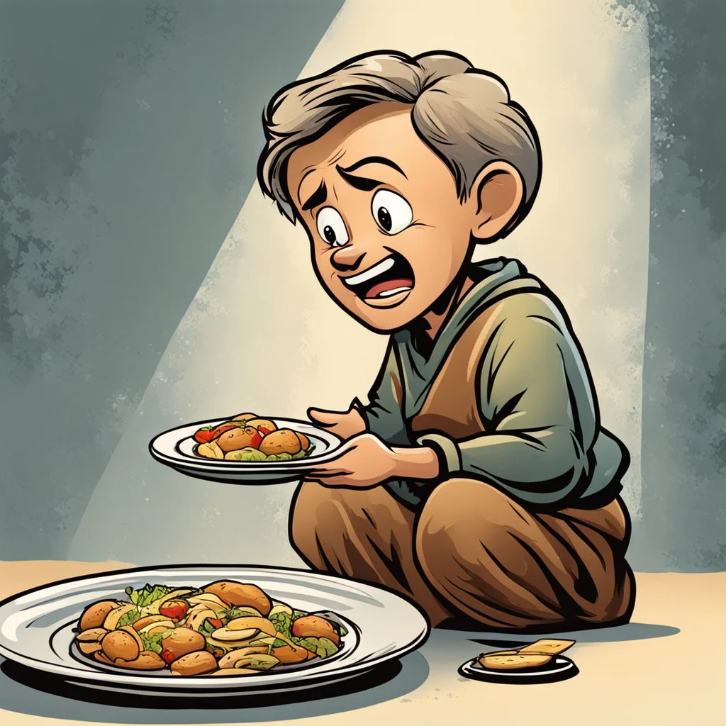 Cartoon art of a poor person with a plate asking for food