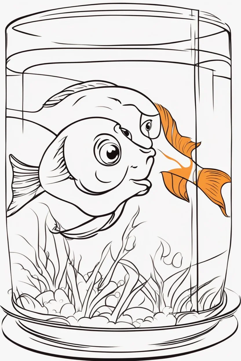 blank colouring book, white blank background, simple picture for toddlers, fish in a glass bowl, disney and pixar style