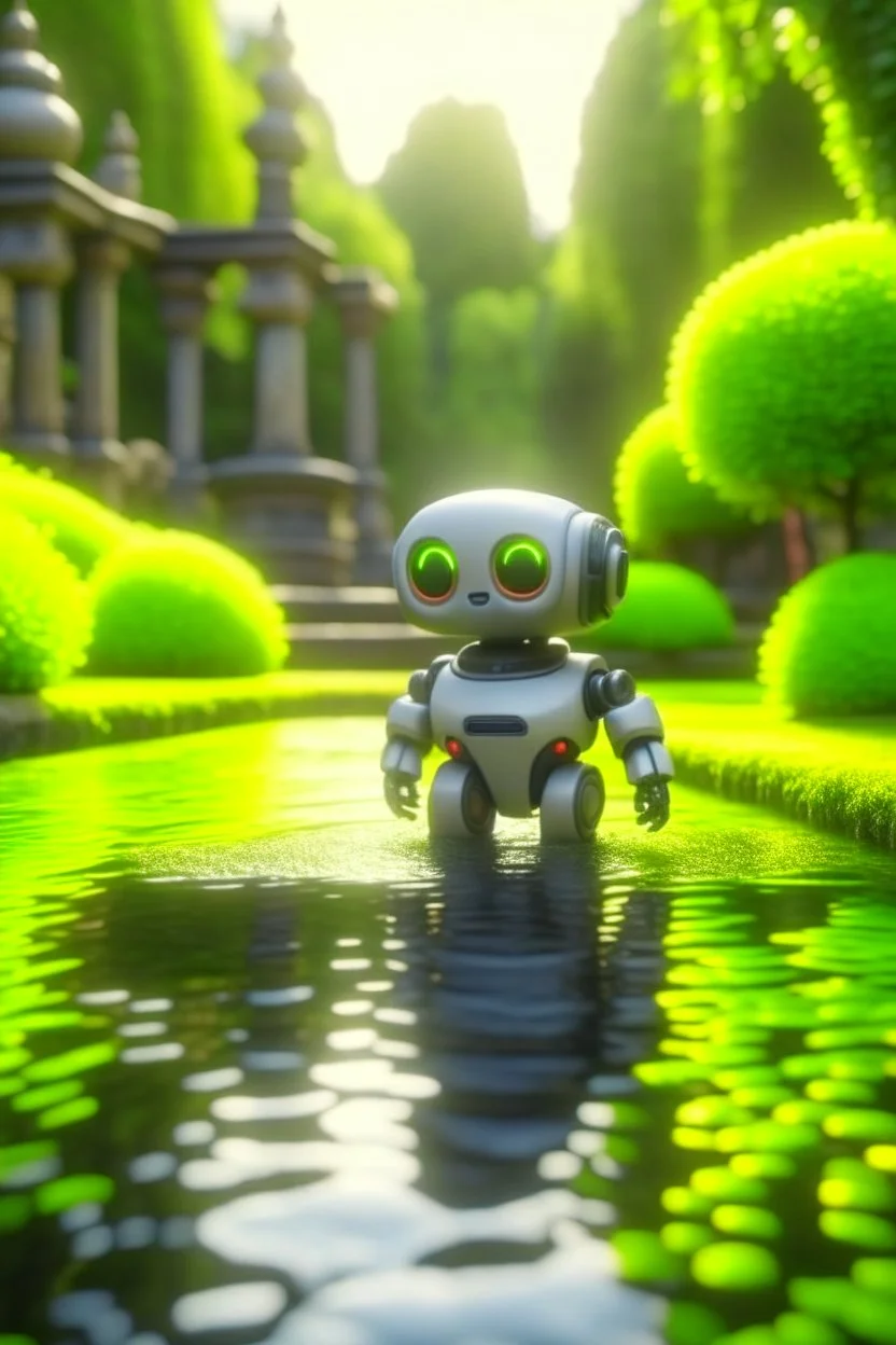 adorable cute chat priest robot with short punk hair and real human reflective eyes, fluffy bridge in pond in garden of st. Barbara cathedral, its such a perfect day, motion blur, smoke, 8k, downlight, soft light, depth of field, photorealism, trending on art station, lotsa detail