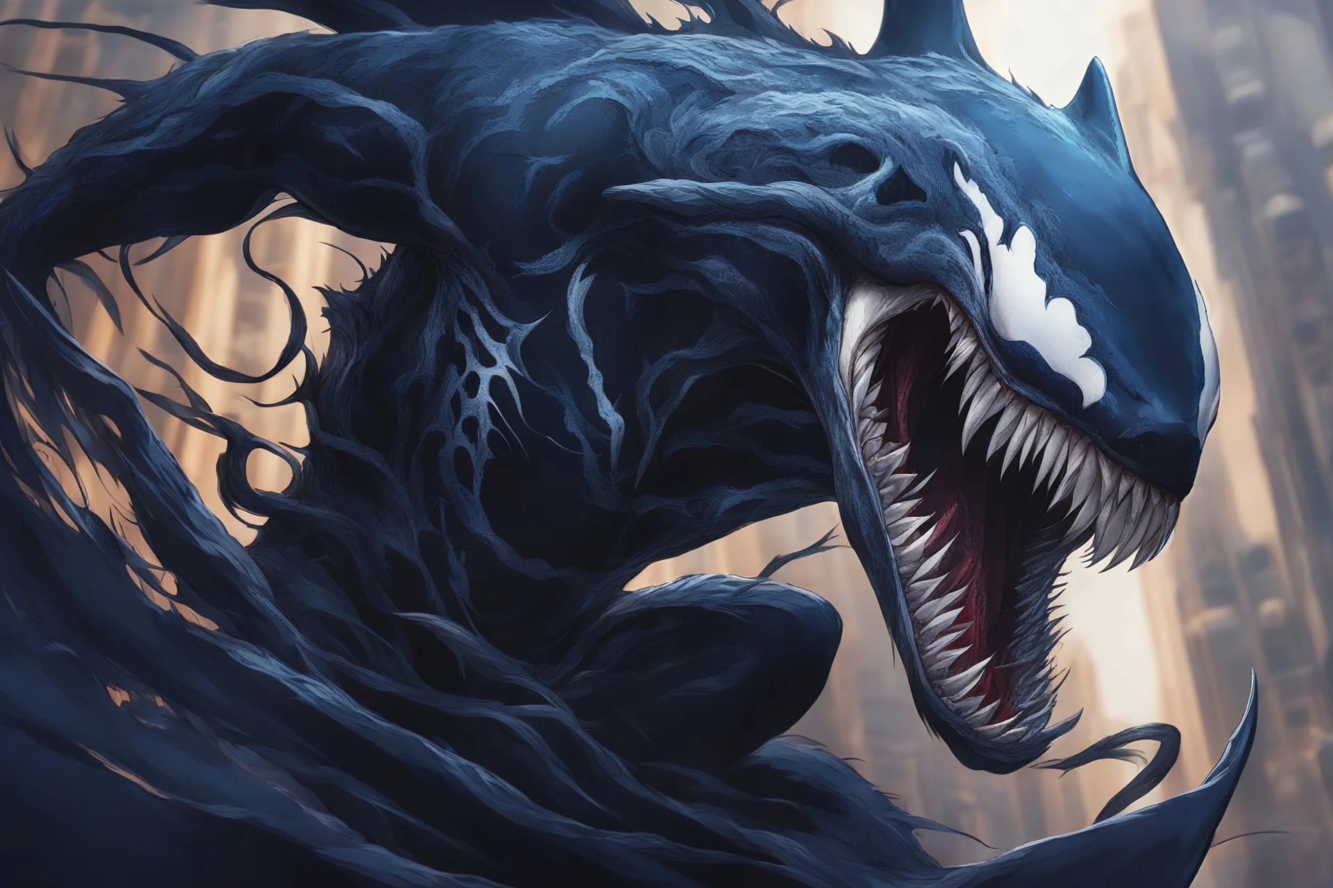 Huge venom in 8k solo leveling shadow drawing, shark effects, blue lights, sea, intricate details, highly detailed, high details, detailed portrait, masterpiece,ultra detailed, ultra quality