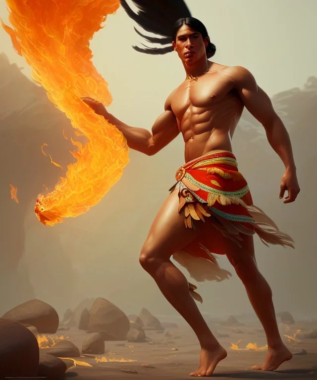 native american warrior, long black hair, dancing on top of fire, big muscles, loincloth, shirtless, 8k resolution concept art portrait by Greg Rutkowski