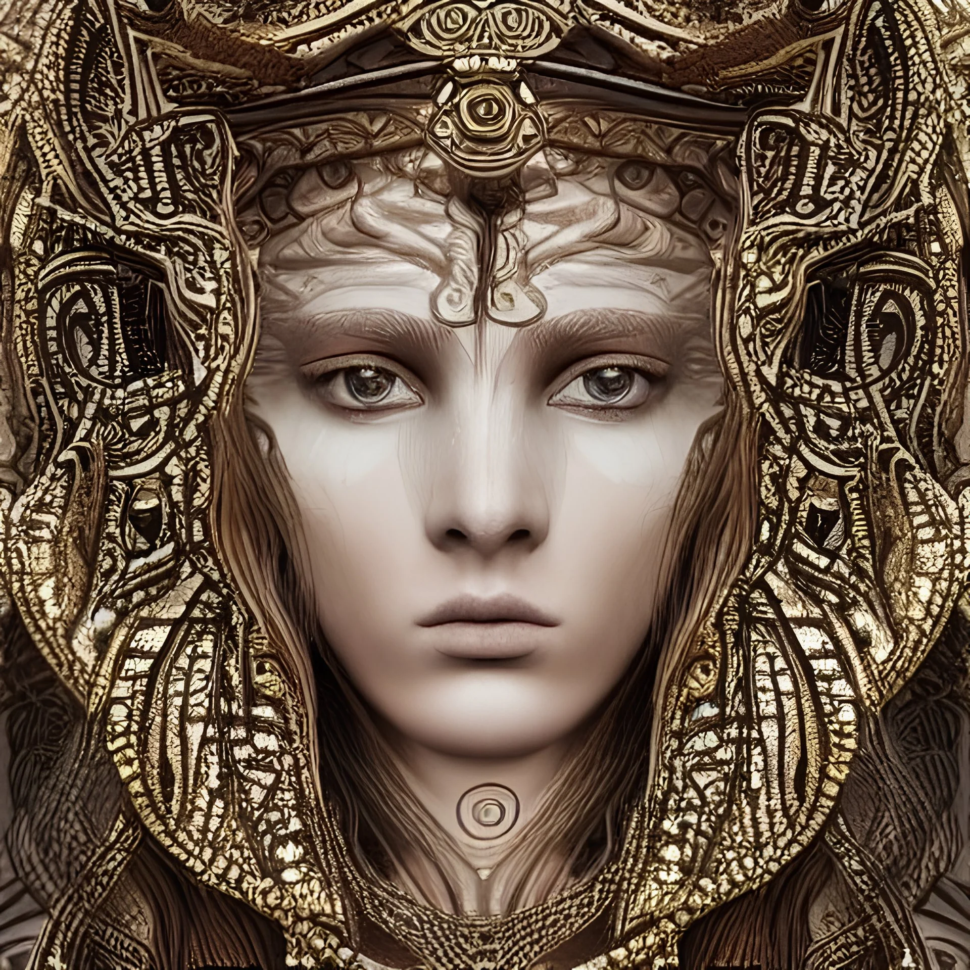 A real perfect female body of a beautiful minoan star goddess, long dark hair, beautiful bone structure, symmetrical facial features, shiny beautiful eyes, intricate, elegant, sharp focus,clean, sacred geometry, perfect face, beautiful detailed eyes, snake crown, sacred symbols, intricate, elegant, highly detailed, muted colours, full body shot, photography, epic cinematic, octane render , denoise, 360 mm photograph with a Hasselblad H3DII. Negative prompt: unproportioned face