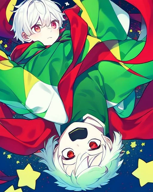 Green clothes with a yellow stripe and star in the middle of the print, short white hair, A young boy, wears a red scarf, has a colorful aura, At the bottom there are several stars, and his eyes are Light green