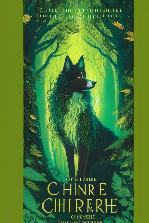 book cover, In the heart of a dense and enigmatic forest with towering ancient trees cloaked in emerald, yellow and amber foliage stands a witch possessing an ethereal allure her lustrous hair cascading in ebony waves down to her slender waist In the background one can just make out a majestic canine of Belgian shepherd lineage its eyes illuminated by an otherworldly crimson