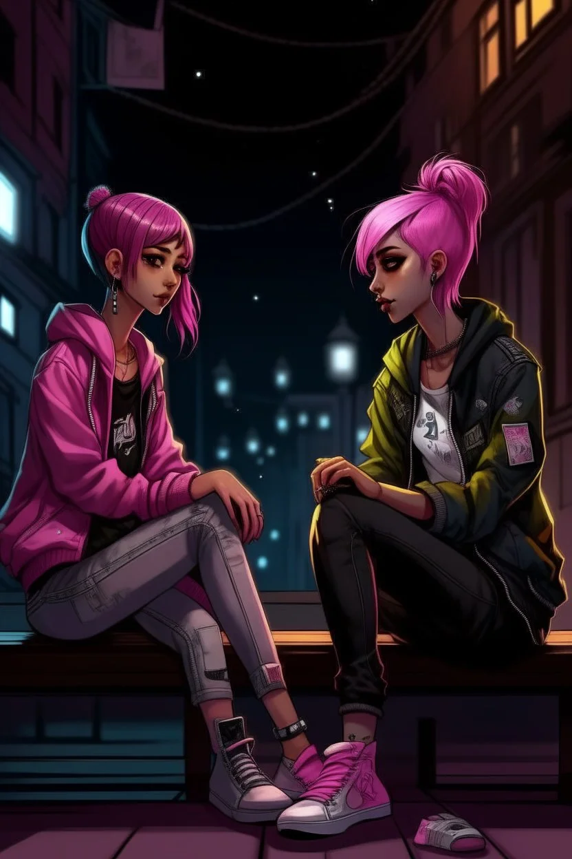 2D animasyon gece oturmuş birbirleri ile sohbet eden 2 kız kısa saçlı ve daha güzel kıyafetler daha detaylı punk tarzı saçları farklı biri diğerine platonik biri pembe tonlu giyiyor biraz daha 3D