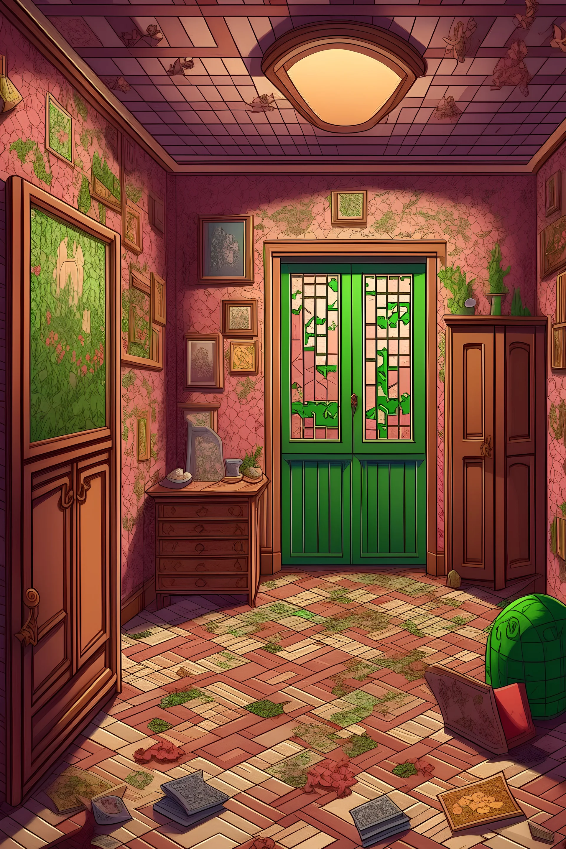 The girls enter a room filled with intricate puzzles. The walls are covered with various riddles and puzzles.]