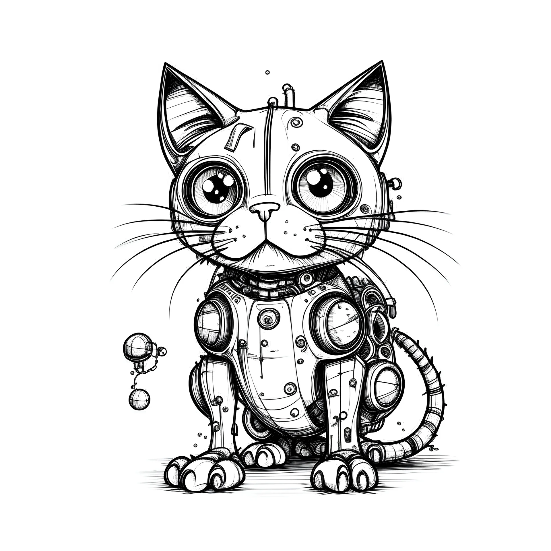 Drawin robot cat Black and white butiful, white background