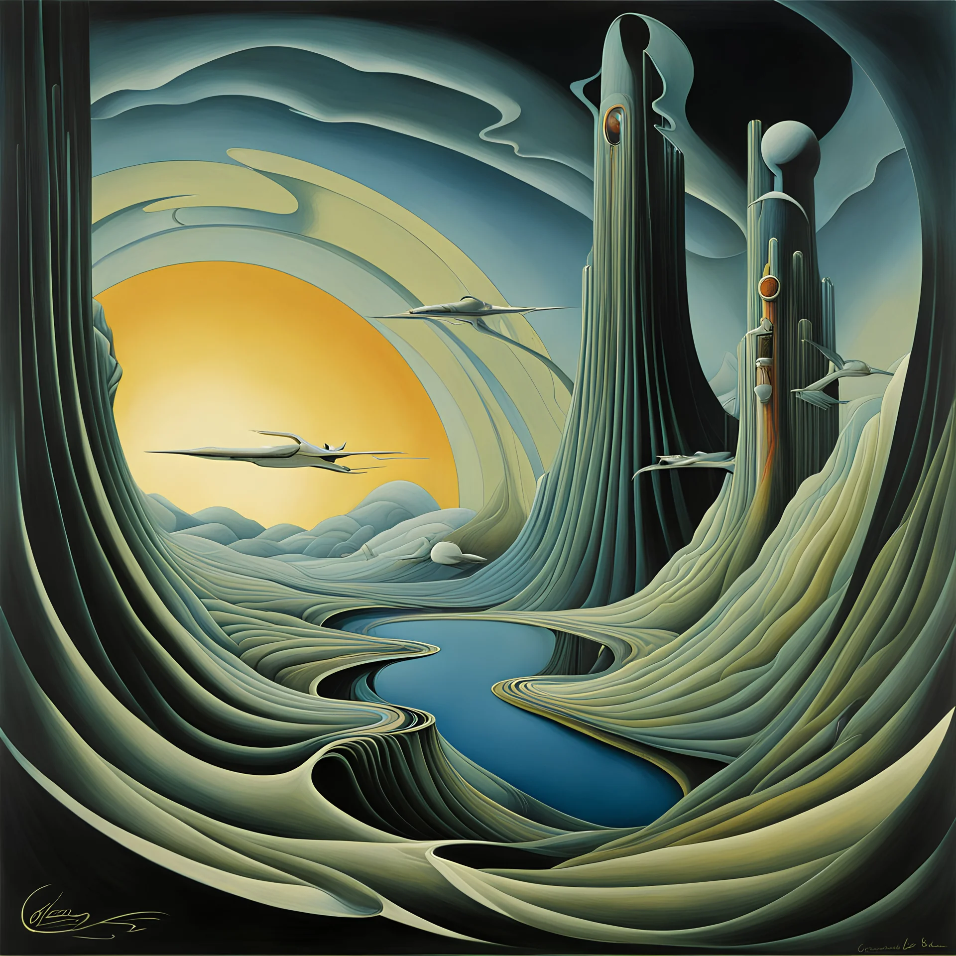 A Dream within a Dream, hope has flown away amid the pitiless roar, expansive, sinister, dark vibrant colors, asymmetric surrealism. by Gerald Scarfe, by Kay Sage, smooth matte oil painting, meander, weirdcore.