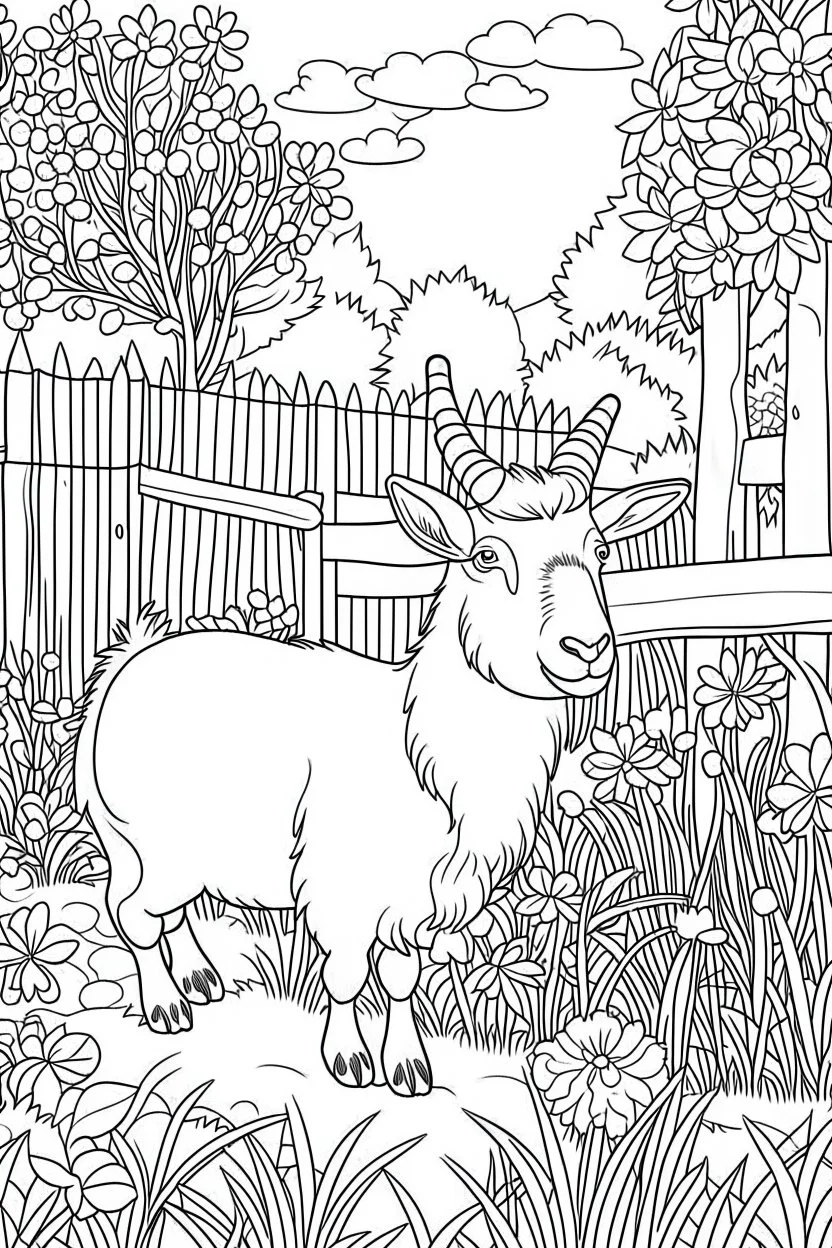 Outline art, goat in the garden, cartoon style, low detail, --ar 9:11