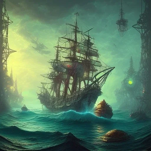 Biomorphic Pirate Shipwreck morphed with electronic wiring and mixed with lighting, Nanopunk and Biopunk with cyberpunk look,golden hour,MTG,digital painting, wonderful ambient colors, art by Jarosław Jaśnikowski mixed with Sheila Martin mixed with Fletch mixed with Frank Sun mixed with Anna Dittmann mixed with Alena Aenami.