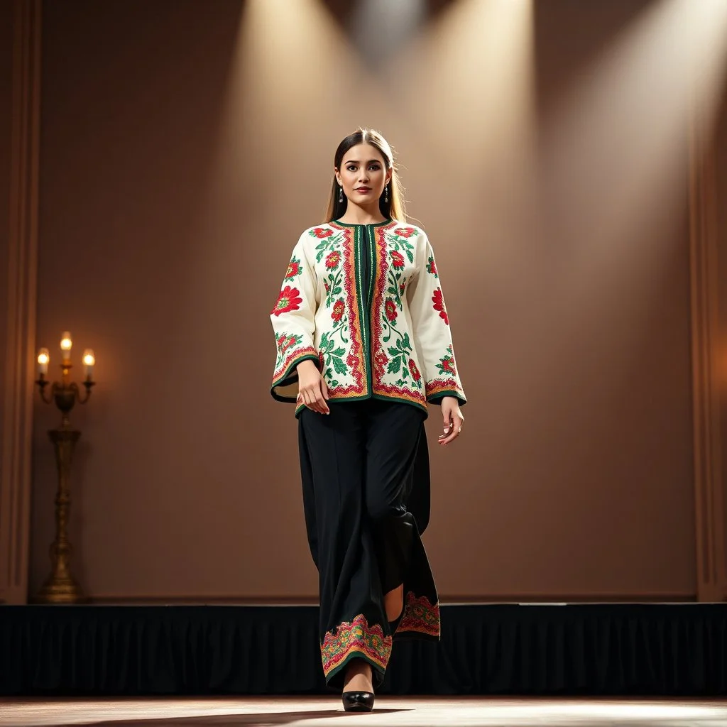 A full-body shot of a beautiful lady wearing azeri folk jacket and pants walking on a nice stage and looking at the camera