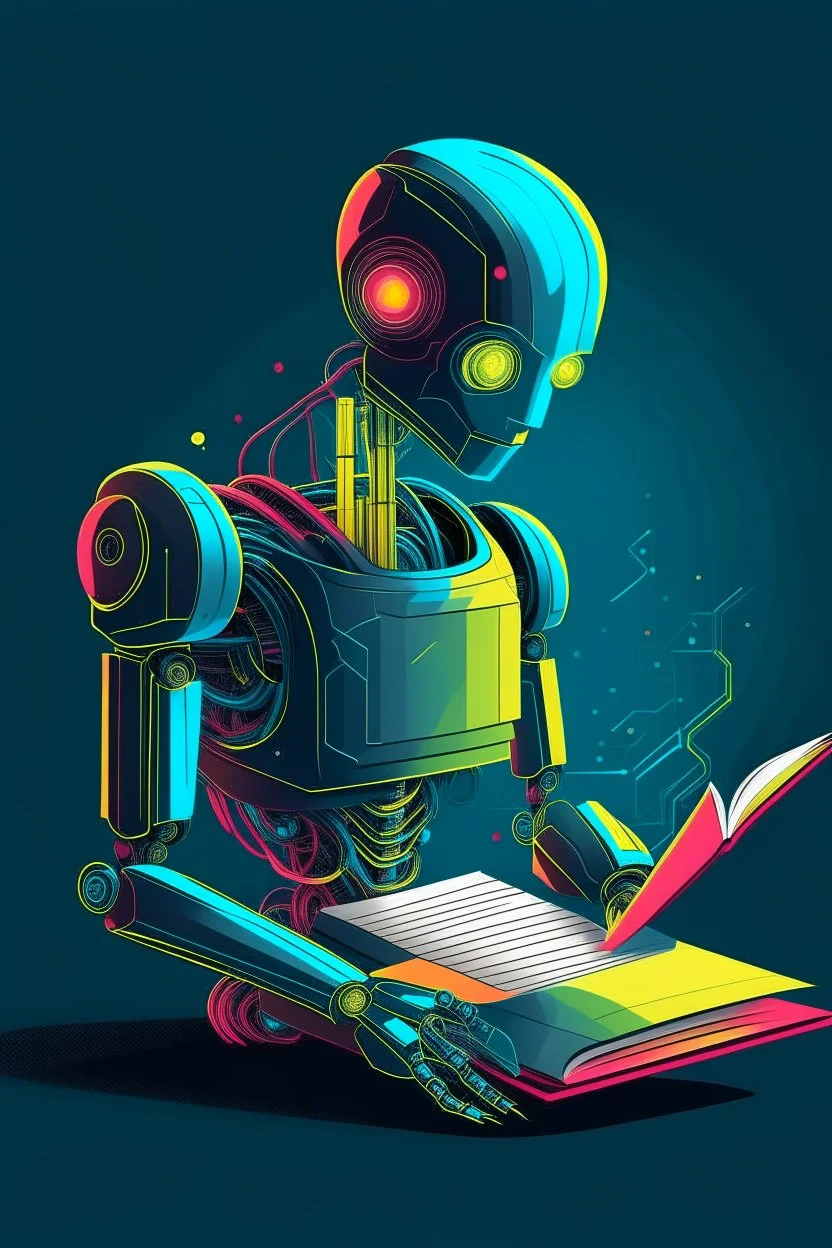 generate a full color front cover simplistic illustration representation of Ai metalic bot writing a book