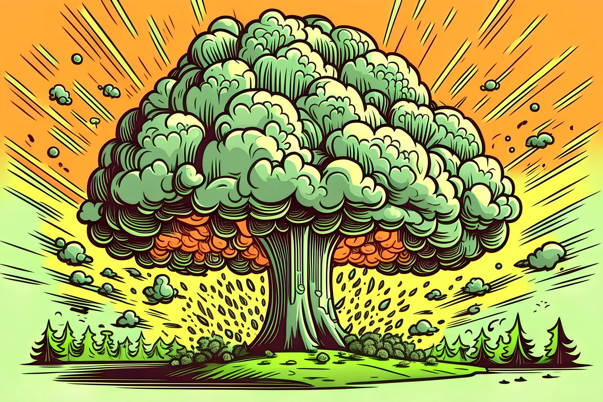 mushroom cloud growing from brains cartoon