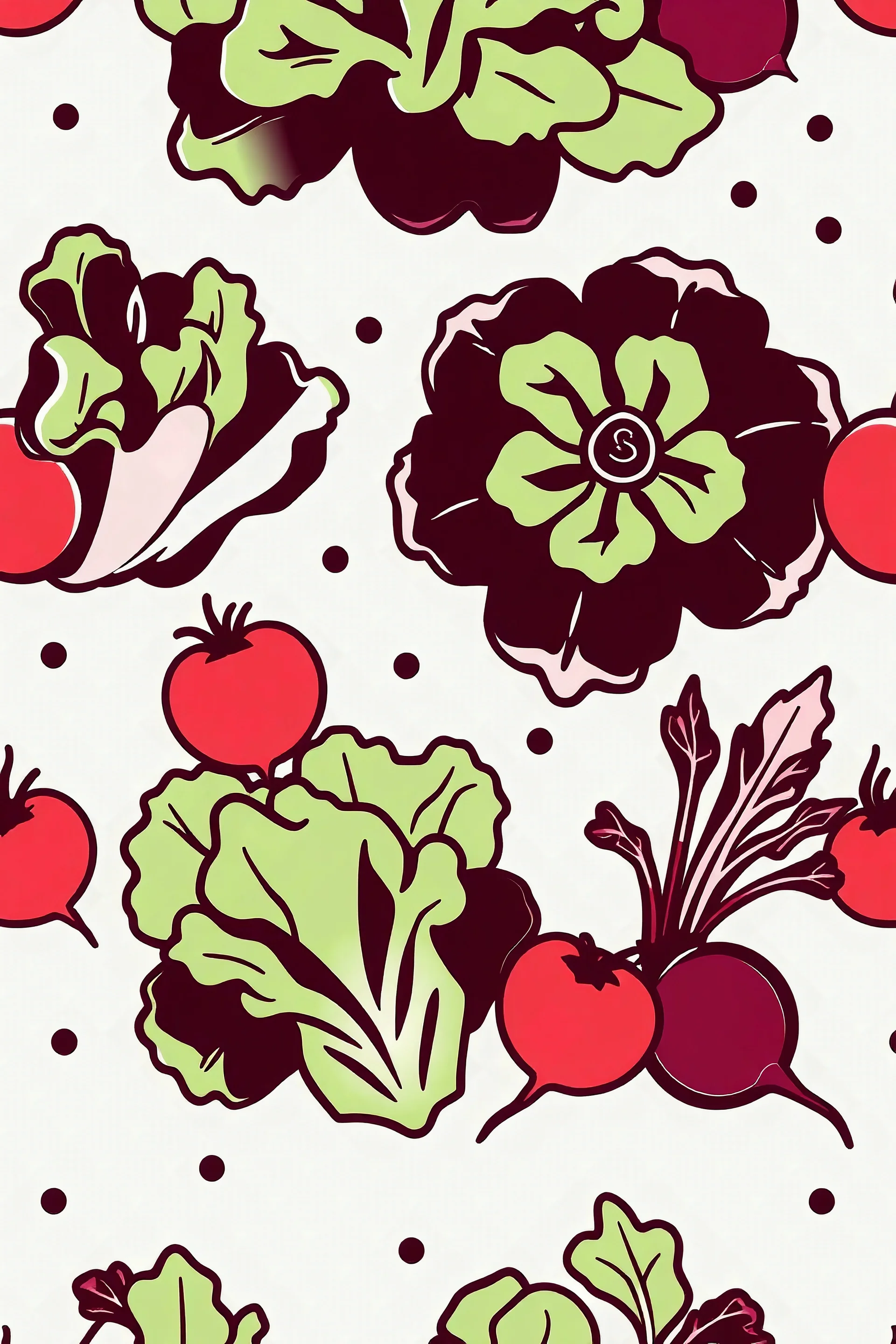 Seamless wrap design featuring bold outlines of lettuce, tomatoes, and beetroots, arranged dynamically with clear details for stencil use, on a neutral background