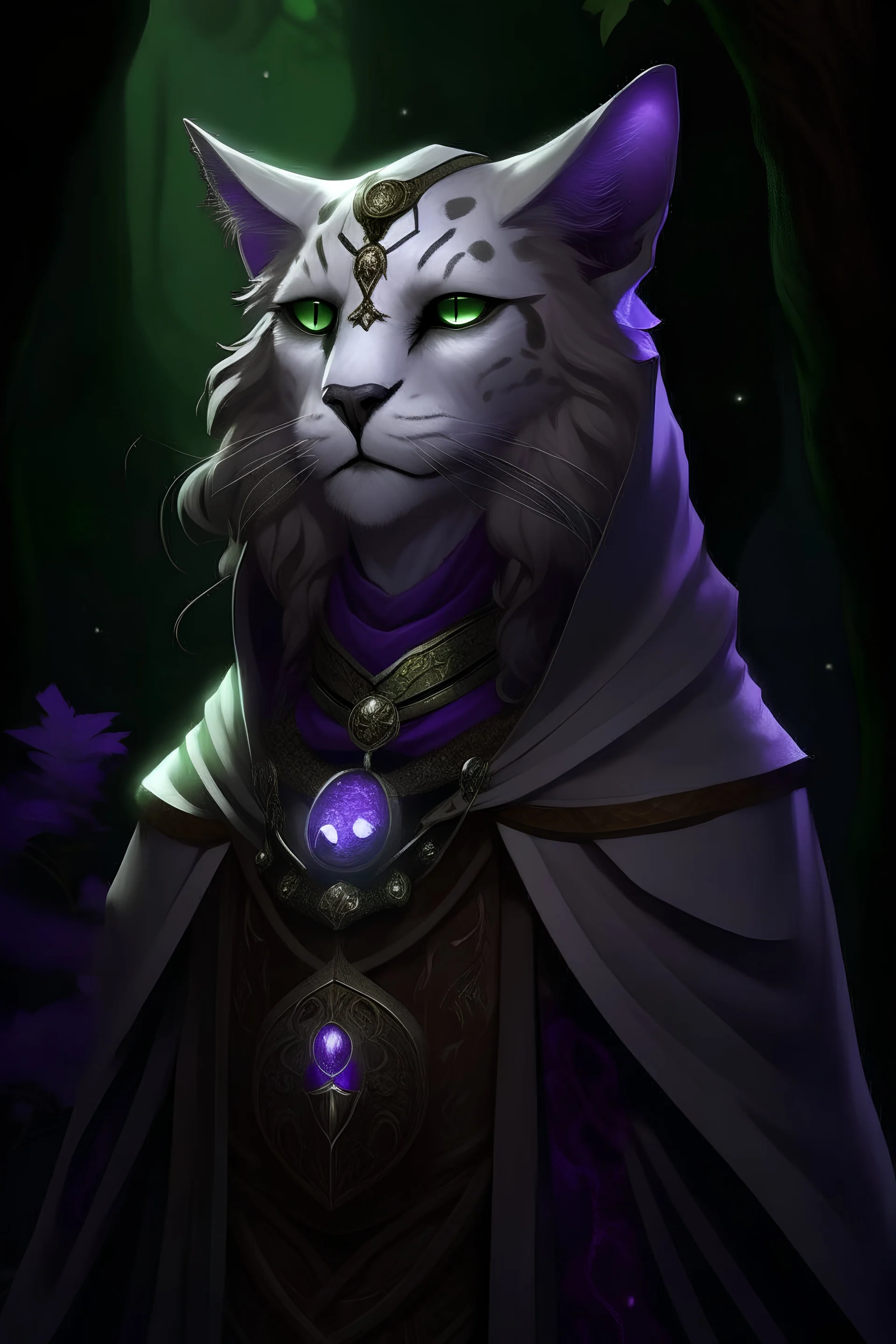 Detailed d&d character portrait, volumetric lighting, background is nighttime forest scene with mist and the moon is visible in the background, white panther female tabaxi humanoid, green eyes glowing with mystical energy, with long flowing auburn hair, dark fantasy, detailed, realistic face, digital portrait, intricate cloak black trimmed with silver and purple, dark, fiverr dnd character, 8k, wlop, stanley artgerm lau, ilya kuvshinov, artstation, HD, octane render, hyperrealism